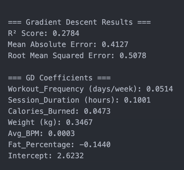 Gradient Descent Results Screenshot